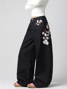 1 pezzo Jeans in denim stile coreano da donna, pantaloni lunghi casual larghi per tutte le stagioni (questo prodotto non include cintura/accessori) Bianco - Bianco - Visualizzare 8