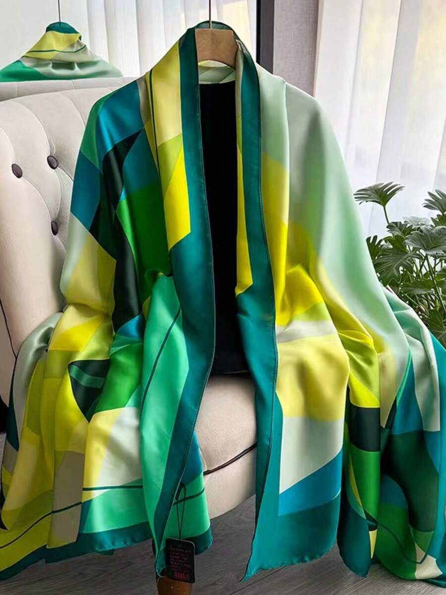 Floral Print Scarf Shawl, Casual Polyester Fiber Wrap, Suitable For All Seasons - Black Border - View 1