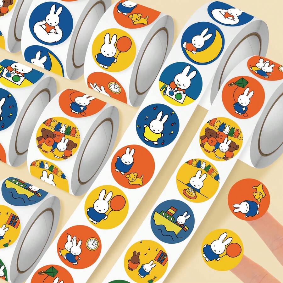 MIFFY 1套/500张可爱米菲兔贴纸卷 - 可爱圆形兔子贴纸，适用于日记、剪贴簿、礼品包装、信封封口、派对礼物 - 彩色 - 查看 1