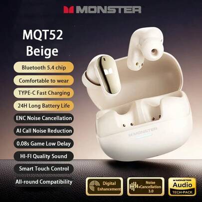 Monster MQT52 Wireless Bluetooth 5.4 Earphones, Long Battery Life, Low Latency, Dual Mode For Gaming & Music, Hi-Fi Stereo, Noise Cancelling In-Ear Design