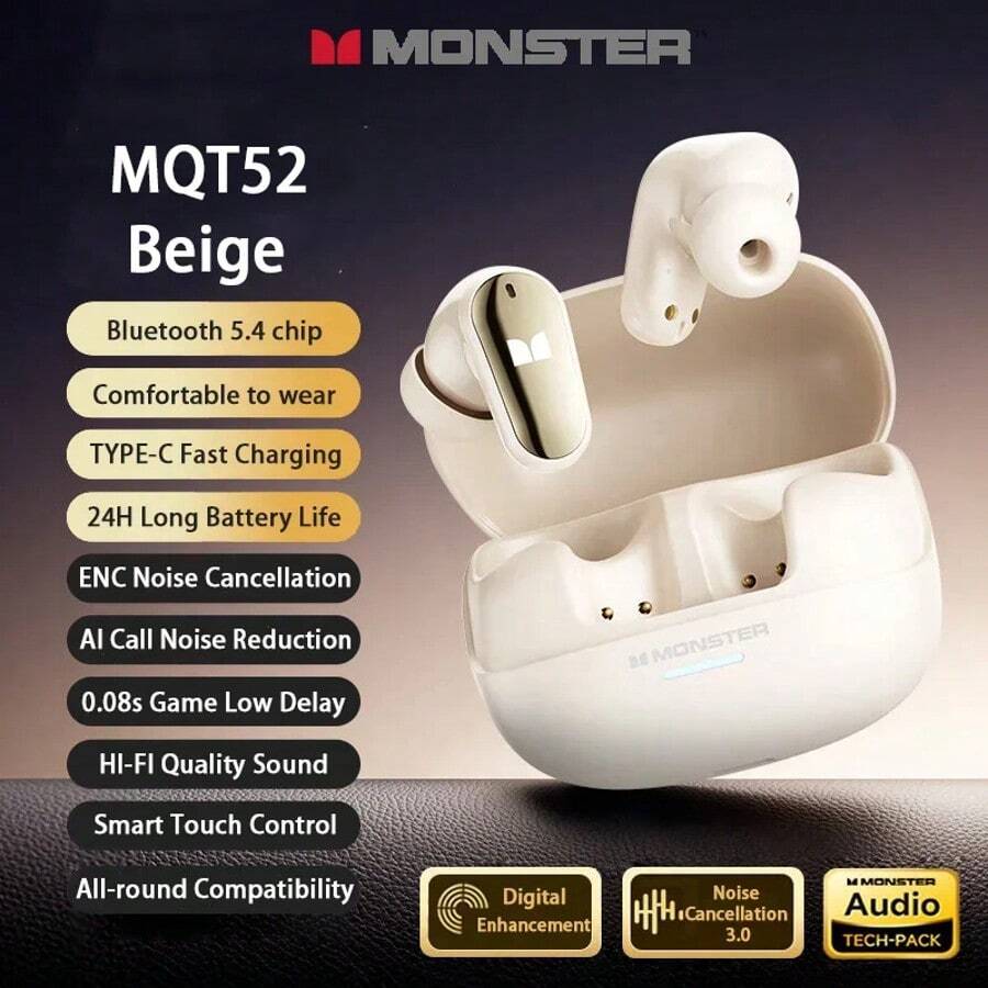 Monster Écouteurs sans fil MQT52, Bluetooth 5.4, conception intra-auriculaire, longue durée de vie de la batterie, latence de jeu ultra-faible d'environ 0,08 s, mode double pour le jeu et la musique, son stéréo Hi-Fi, écouteurs antibruit, haut-parleur de 13 mm, indice de protection IPX4, convient pour le jeu, les sports, les affaires, les études et d'autres scénarios.