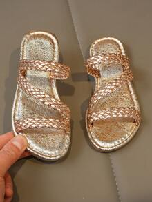 1 Pair Girls' Metallic Woven Flat Open-Toe Sandals, Comfortable & Minimalist, Unique For Beach. Essential For Kids' Summer Outings And Beach Vacations. - Rose Gold - View 1
