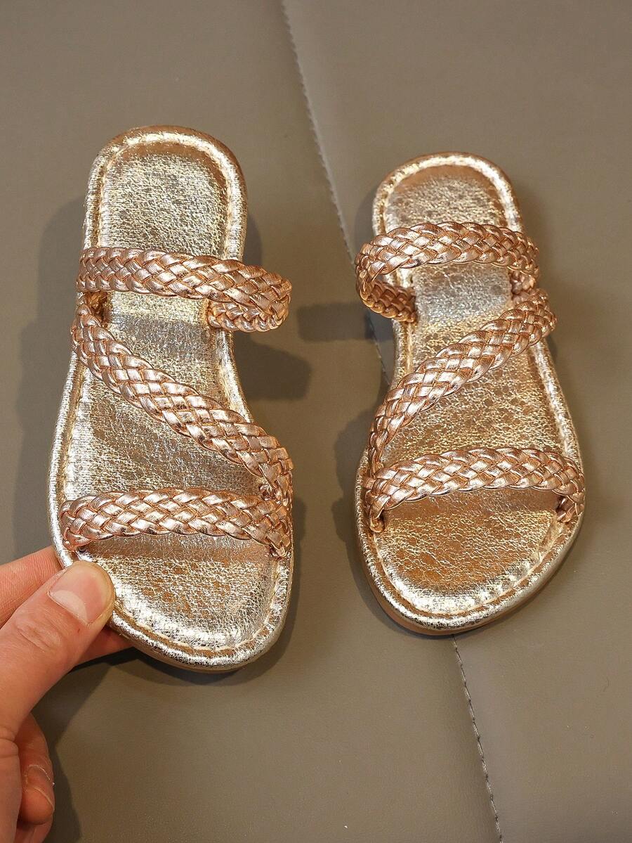 1 Pair Girls' Metallic Woven Flat Open-Toe Sandals, Comfortable & Minimalist, Unique For Beach. Essential For Kids' Summer Outings And Beach Vacations. - Rose Gold - View 1