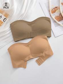 2 gói áo ngực bandeau cài trước, dải silicone chống trượt nâng cấp, cúp mỏng mềm, không dây không gọng nâng ngực, nội y nữ, màu kaki & màu mơ đậm - Nhiều màu - Xem 4