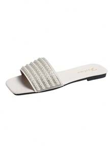 2026 New Flat Slide Sandals/Solid Color, Flat Design, Shiny Vamp, Exquisite Rhinestone Decor, Slip-On Style, Easy To Clean, Elegant & Refined, Fashion Versatile, Suitable For Daily Wear, Shopping, Dating, Vacation, Travel - Beige - View 10