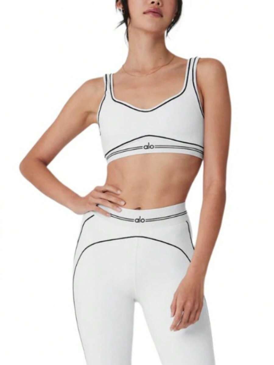 Alo Yoga Heart Throb Set - Authentic Airbrush Legging & Bra | Viral 2026 Black/White Contrast | Premium Sculpting High-Waist Yoga Kit | High-End Performance Design Set | Sophisticated Graphic Studio-To-Street Outfit - 白色 - 查看 1