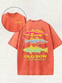 Men's Casual Summer Washed Cotton T-Shirt [Old Row Outdoor] Fish Print, Round Neck, Short Sleeves, Lightweight Cotton Knitted Fabric, Casual Summer Ro - 橘色 - 查看 1