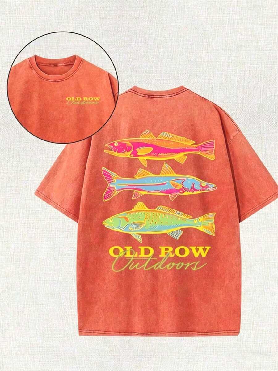 Men's Casual Summer Washed Cotton T-Shirt [Old Row Outdoor] Fish Print, Round Neck, Short Sleeves, Lightweight Cotton Knitted Fabric, Casual Summer Ro - 橘色 - 查看 1