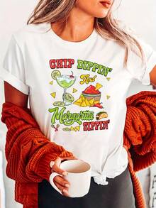 Soft Cotton Women's T-Shirt, Round Neck Tee With Dipping Daisy Print, Casual Short Sleeve Top For Summer And Spring, Women's Clothing. - 白色 - 查看 1