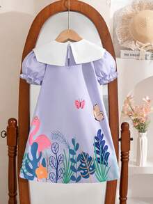 Young Girls Summer New Peter Pan Collar Bow Ruffle Cartoon Animal & Plant Print Casual Dress - Mauve Purple - View 3