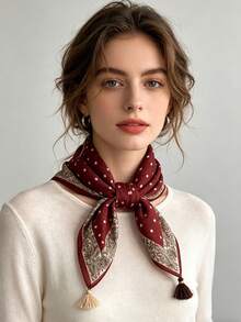 1条佩斯利花纹波点印花棉麻围巾，尺寸60x60厘米，带流苏，轻盈多用途，四季皆宜，适合日常出行、聚会和旅行。 - 彩色 - 查看 6