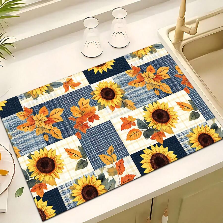 1pc Farmhouse Style Sunflower Pattern Absorbent Dish Drying Mat, Espresso Machine Countertop Absorbent Mat, Sink Drain Mat, Soft Faucet Absorbent Mat, Sink Cup Mat, Kitchen & Bathroom Accessories - Multicolor - View 1