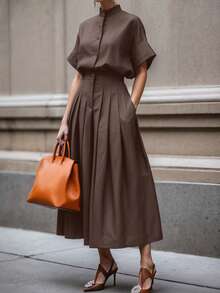 Women's Elegant Commuter Short Sleeve Shirt + A-Line Skirt 2-Piece Set, Solid Color, Elegant Front Button Pocket, Suitable For Office, Daily Wear, Date, Airport, Summer Spring - Brown - View 2