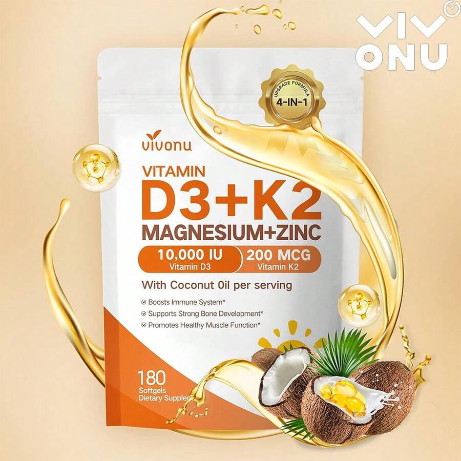 VivoNu Vitamin D3 K2 10,000  Magnesium Supplement – 4-In-1 With Vitamin D And K -7), Magnesium Glycinate & Zinc Citrate – 180 Softgels For Energy, Bone* & Muscle* Support* - 1袋 - 查看 1