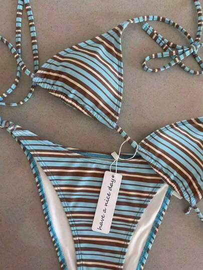 Sexy Striped Print Halter Tie Bikini Set For Women