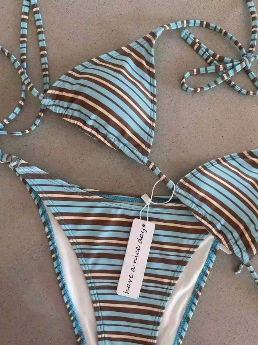 性感条纹印花露背系带比基尼套装（女士款） - 彩色 - 查看 1