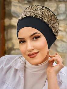 1 chiếc băng đô cài tóc đính sequin kiểu Âu và Mỹ mới về dành cho nữ, mũ len hai lớp co giãn, mũ turban phối sequin vàng thời trang. - Nhiều màu - Xem 12