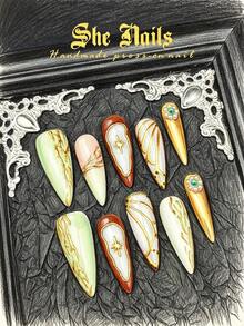 10件套可爱巴洛克朋克摇滚Y2K哥特风美甲套装，包含东西方风格的金属光泽美甲贴片、蓝色美甲贴片、绿色美甲贴片、手工制作的亚克力尖头美甲贴片，饰有豹纹、斑马纹3D浮雕钻石装饰，适合性感酷女孩派对装扮，附赠美甲凝胶贴纸和指甲锉。 - 彩色 - 查看 2