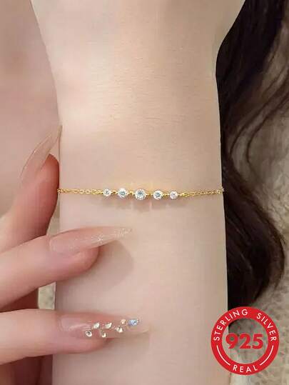 BALMORA 1件甜美可爱S925纯银锆石手链，镶嵌一排锆石，女士风格百搭手工饰品，日常佩戴，馈赠佳品