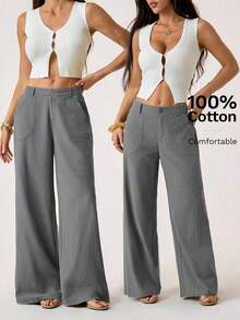 PETITE Pantalones rectos de cintura baja de 100% algodón lavado, pantalones de lino para mujer, pantalones de verano, pantalones anchos de mujer, pantalones de verano, otoño y ropa de otoño para mujer - Gris - Ver 6