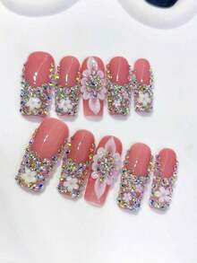 10pcs Y2K Style Extra Long Coffin Shaped Red & Nude Handmade Nail Stickers, With Leopard Print, Luxury Red Rhinestone Decor And 3D Cherry Decor; Suitable For Party, Daily Wear, Wedding; Great Gift For Women & Girls; Includes 1 Glue Sticker And 1 Mini Nail File Press On Nails - 粉色 - 查看 4