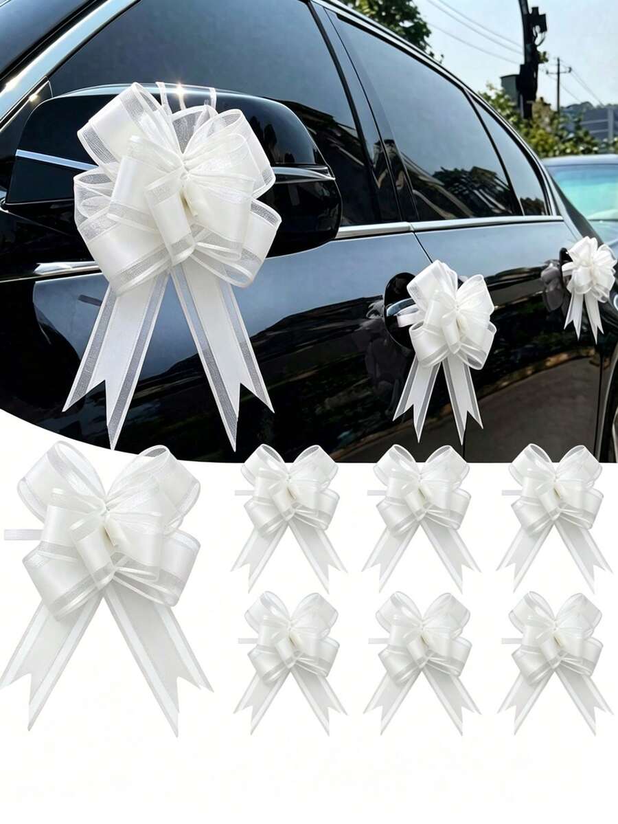2pcs/10pcs White Organza Satin Bow Streamers, Solid Color, Multi-Layer Stretchable Design, Suitable For Birthday Party, Wedding Car Rearview Mirror Decor, Ceiling Wall Decoration, Gift Box Packaging, Bouquet Decor, Photography Backdrop - Multicolor - View 1