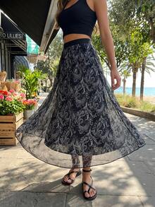2026 Nouvelle jupe de plage style rétro français imprimée en maille, taille haute amincissante, pour un port décontracté l'été, noire - Noir - Voir 8