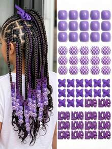 60pcs/Set Girls' Braided Hair Accessories Beads, Plaid Criss-Cross, Love Design, Cute Punk Rock Street Style Hair Decorations - Multicolor - View 2