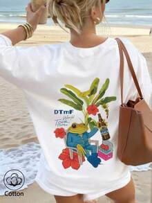 Women's 100% Cotton T-Shirt With Funny Puerto Rican Bunny "DtMF" Print, Loose Fit, Summer Clothing, Plus Size Summer Tops, K-Pop Warrior Series, Pure Cotton Tops, Women's Clothing, Women's Summer Clothing, Knitwear, Party Dresses, Women's Plus Size Clothing, Women's Plus Size Crew Neck Loose Tops, Best Friend Outfits, Vacation Wear, Casual Activewear, Dressy Tops, Women's Sportswear, Women's Tops, Women's Promotional Clothing, Unisex, Teen Clothing, Basic T-Shirt, Women's Summer Clothing, Soft And Comfortable, Summer, Winter, Spring, Festivals, Eid, King's Day, Mother's Day, Parties, Beaches, Weddings, Graduations, Gyms, Elegant, Casual, Vacation, Sporty, Luxury, Formal, Y2K, Graphic, Leopard Print Tee - White - View 3