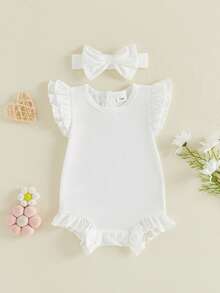 2Pcs Newborn Baby Girl Outfits Set Solid Flutter Sleeve Ruffled Romper And Bow Headband - White - View 6