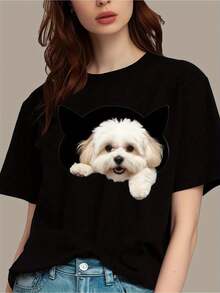 Oversized Dog Print T-Shirt, Fun And Cheerful, Crew Neck, Comfortable Short Sleeves, Women's Casual Top For Spring/Summer, Perfect For Casual Look And Outdoor Use - X - Black - View 2