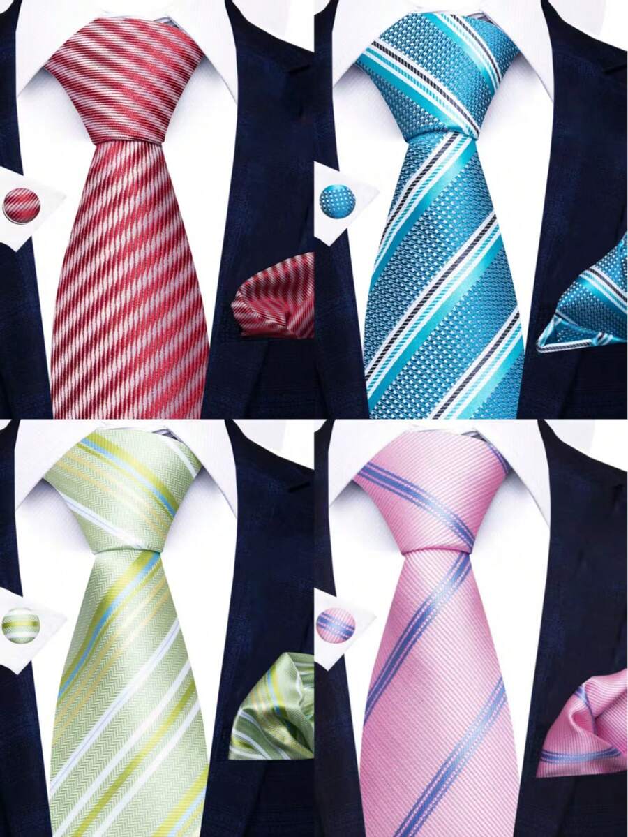 AlanKing Bộ 3 món gồm cà vạt sọc, khăn cài túi áo và khuy măng sét dành cho nam, thích hợp cho cả công sở và thường ngày, lý tưởng làm quà tặng đám cưới, Giáng sinh, tiệc tùng. - Màu sắc hỗn hợp - Xem 1