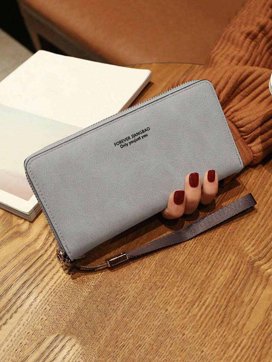 Large Capacity Long Wallet, Faux Leather Multi-Function Zipper Wristlet Wallet - Grey - View 1