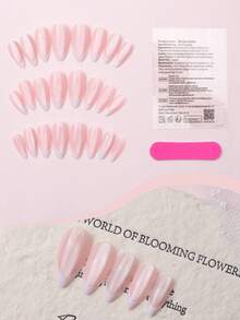 24pcs Pink & Silver Shiny Cat Eye French Manicure Nail Stickers, Short Oval Gentle Whitening Nail Wraps With Tools Kit, Almond Shape Press-On Nails Include Gel Polish And Nail File, Suitable For Girls & Women Daily, Party, Event - White - View 3