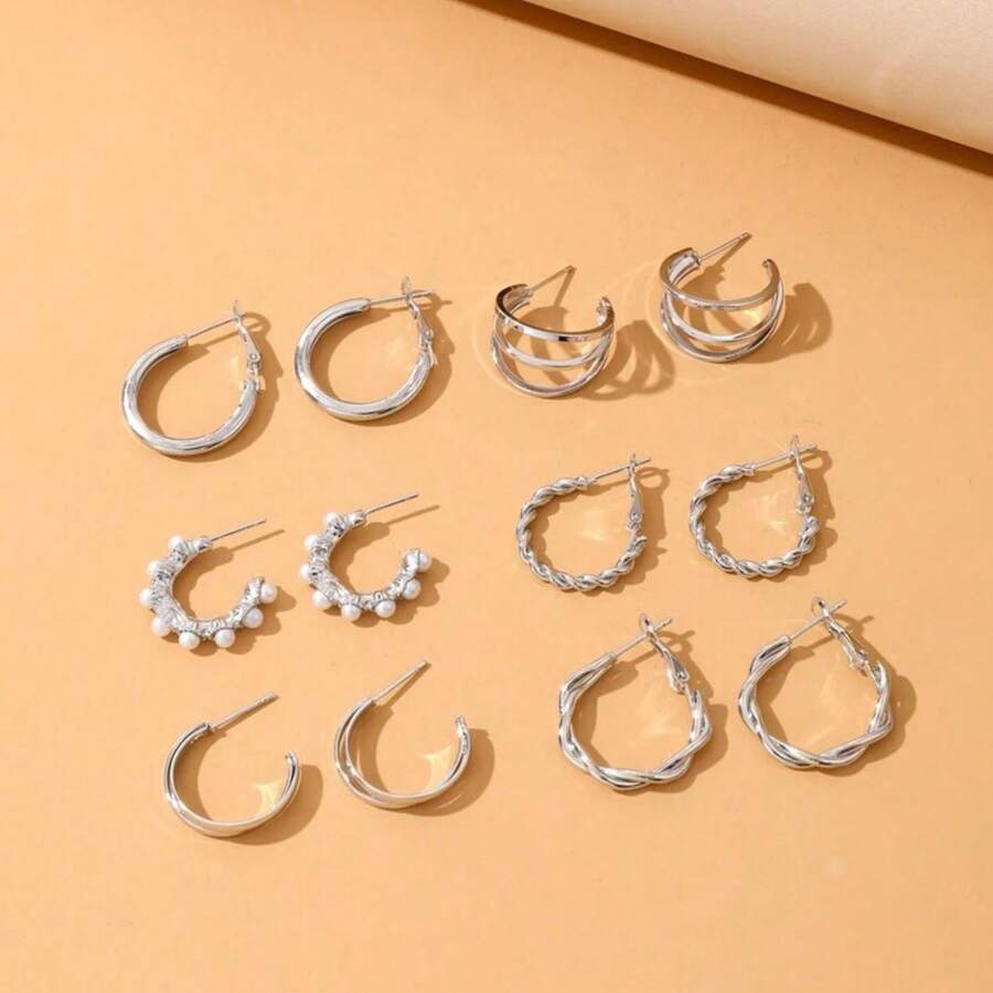 12件装优雅合金珍珠耳环套装 - 銀色 - 查看 1