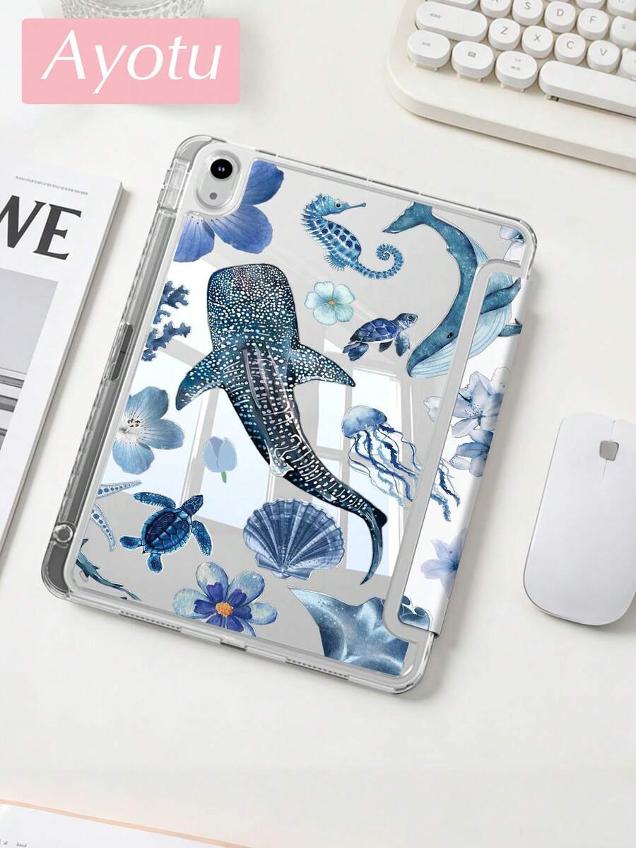 这款海洋生物图案平板电脑保护套兼容 iPad Air 8 (M4) 2026 (11/13 英寸)、Air 11 英寸 M3 2025 / M2 2024、Air 第五代 2022、(A16) 11 英寸第十一代 2025，也兼容三星 Galaxy Tab 和 Kindle Paperwhite 第十二代 2024。透明背壳，时尚图案保护套，具备自动休眠和唤醒功能，气囊保护，适合作为礼物和办公用品。