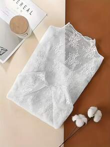 Lace Turtleneck Undershirt, Fashionable Mesh Long Sleeve Top Casual - Moon White - View 2