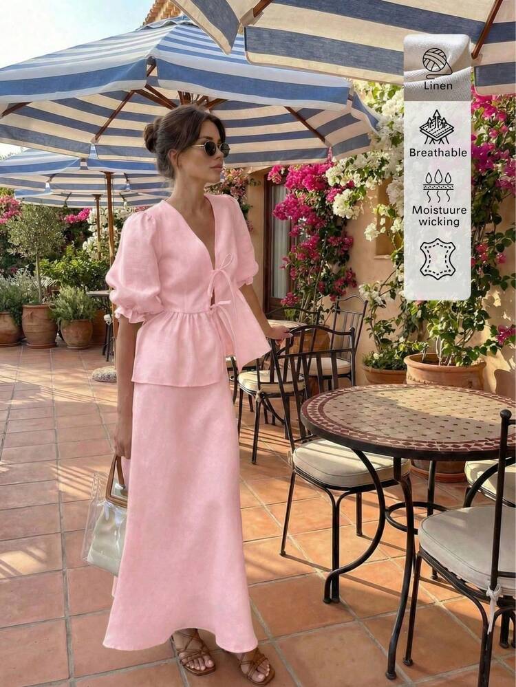 2 Stücke Leinen Casual Elegant Urlaubs- & Alltagsoutfit, Casual Rock, Casual Damen Outfit, Sommer Urlaubsoutfit, Elegantes Damen-Set in Rosa - Pink - Übersicht 4