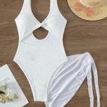 New Sexy One-Piece Mesh Skirt Swimsuit For Women, Solid Color Bikini - Milky - View 6