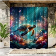 1件装 2D 平面热带海洋海龟浴帘，色彩鲜艳的海洋珊瑚水下生物浴室装饰，彩色水生主题家居饰品，带挂钩，海滩航海设计，美丽的艺术野生动物风景 - 彩色 - 查看 4