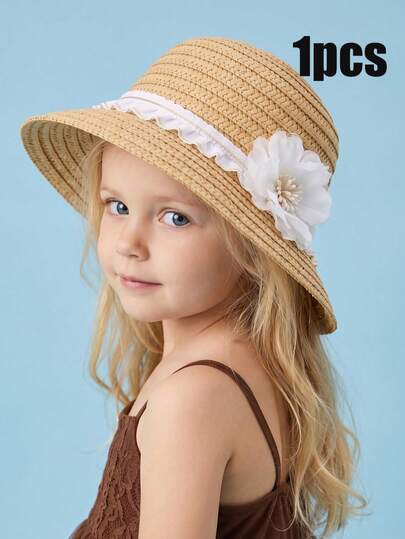 1pc White Flower Beige Straw Sun Hat For Little Girls, Summer Beach Vacation Outdoor Breathable Lightweight Wide Brim Sun Protection Hat For Children Ages 3-8