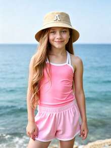 1Pc A-Z Letter Kids Solid Breathable Bucket Hats, Skin-Friendly, Stylish, Suitable For Wearing In All Four Seasons - Khaki - View 2