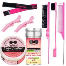 Goiple 8pcs Hair Styling Set Includes Wax Stick, Hair Gel, Comb, Hair Clips, Elastic Bands, Suitable For All Hair Types, Non-Greasy Strong Hold, No Dandruff, Oil Control Anti-Frizz, Smooth Texture, Applicable For Ponytail, Bun, Flyaway Hairstyles - Pink - View 2