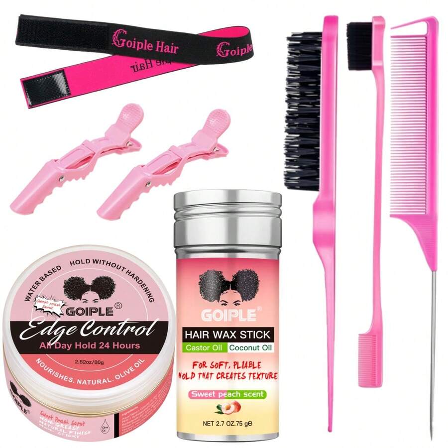 Goiple 8pcs Hair Styling Set Includes Wax Stick, Hair Gel, Comb, Hair Clips, Elastic Bands, Suitable For All Hair Types, Non-Greasy Strong Hold, No Dandruff, Oil Control Anti-Frizz, Smooth Texture, Applicable For Ponytail, Bun, Flyaway Hairstyles