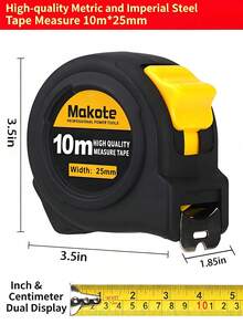 1 Thước dây thép chịu lực cao 10m x 25mm, dụng cụ đo chuyên nghiệp hai mặt hệ mét và hệ inch, lưỡi rộng 25mm, có nút khóa, tay cầm chống trượt và vỏ chống sốc. - thước dây - Xem 7