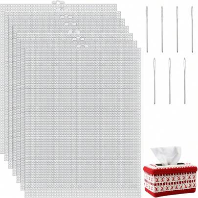 7 Pcs Plastic Canvas Sheets, 7 Count Clear Mesh Canvas Sheets With 7 Pcs Sewing Needles, Eye Mesh For Mask Embroidery, Knit Crochet Projects, Acrylic Yarn Crafting, Make Dividers (132x102inch)