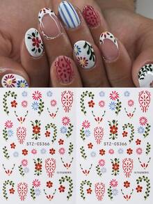 Set de 2 pegatinas de uñas con diseño de jardín de flores 3D en estilo bohemio, calcomanías de uñas con patrón vintage de pétalos y enredaderas florales, decoraciones de arte de uñas florales de primavera/verano - Multicolor - Ver 8