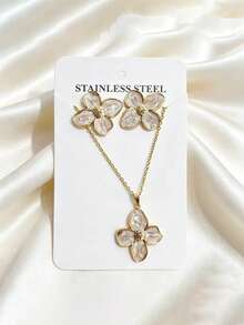 一套四叶花吊坠项链耳环耳钉，304不锈钢材质，精致优雅，适合日常佩戴，母亲节礼物 - 四葉花 - 查看 10