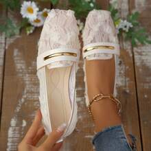 Women's Pink Lace Floral Square Toe Flat Shoes Breathable Mesh Loafers Spring Summer - Apricot - View 9