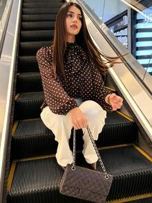 女士休闲棕色波点蝴蝶结衬衫，宽松优雅，适合度假、海滩、派对、办公室、商务、正式场合，春夏皆宜 - 棕色 - 查看 5